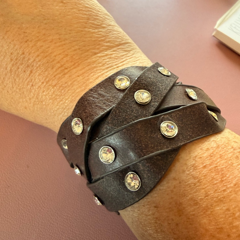 Braided Leather Crystal Stud Wrap Bracelet - Brown